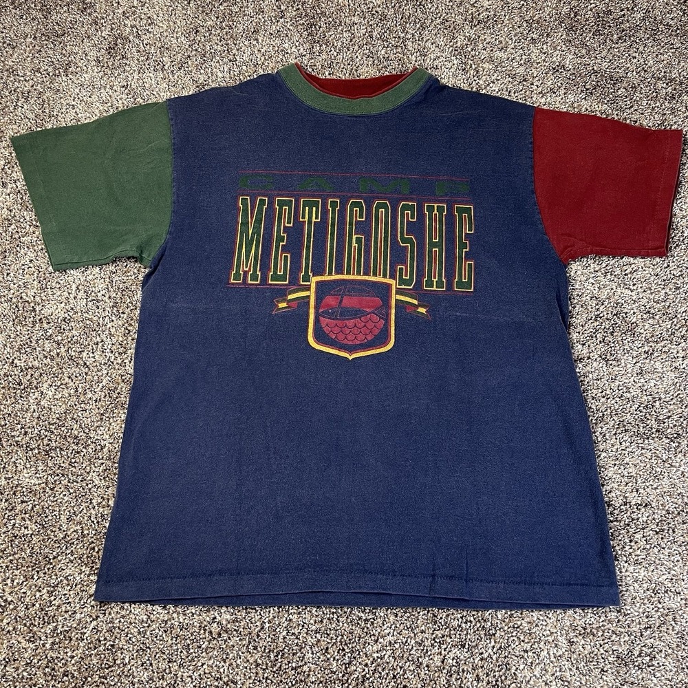 Vintage 80s Camp Metigoshe Pelican Lake Tee Shirt Colorblock Short Sleeve MN VTG